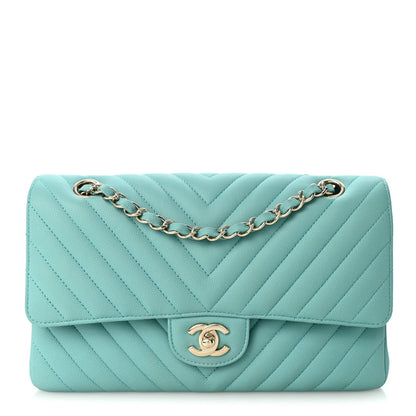 Chanel Caviar Flat Chevron Quilted Medium Double Flap Green