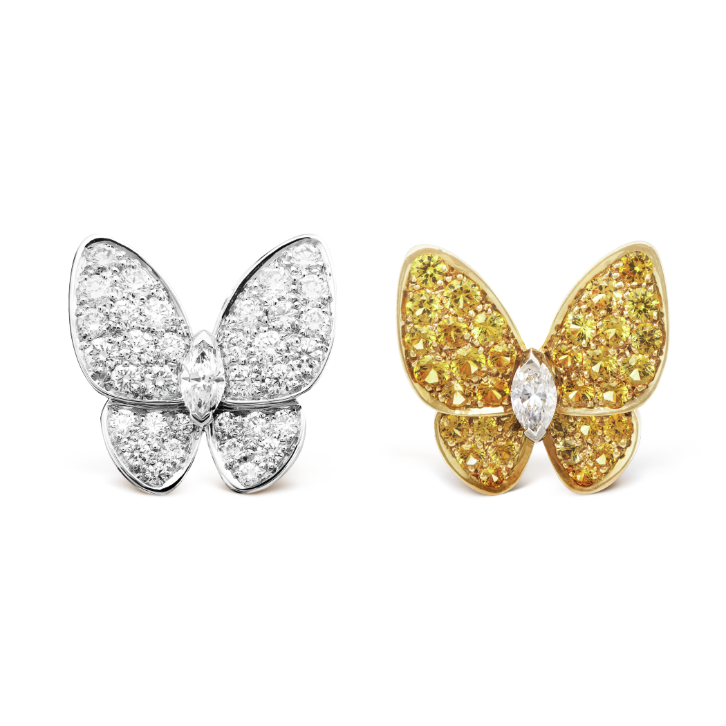 18K Gold Diamond Sapphire VCA Two Butterfly Earrings