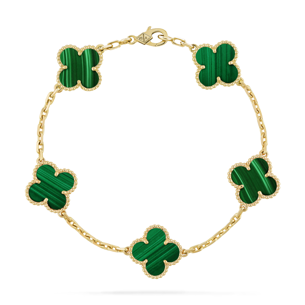 18K Yellow Gold Malachite VCA Vintage Alhambra Bracelet 5 Motifs