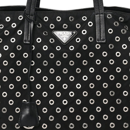 Prada Tessuto Nylon Calfskin Grommet Tote Black