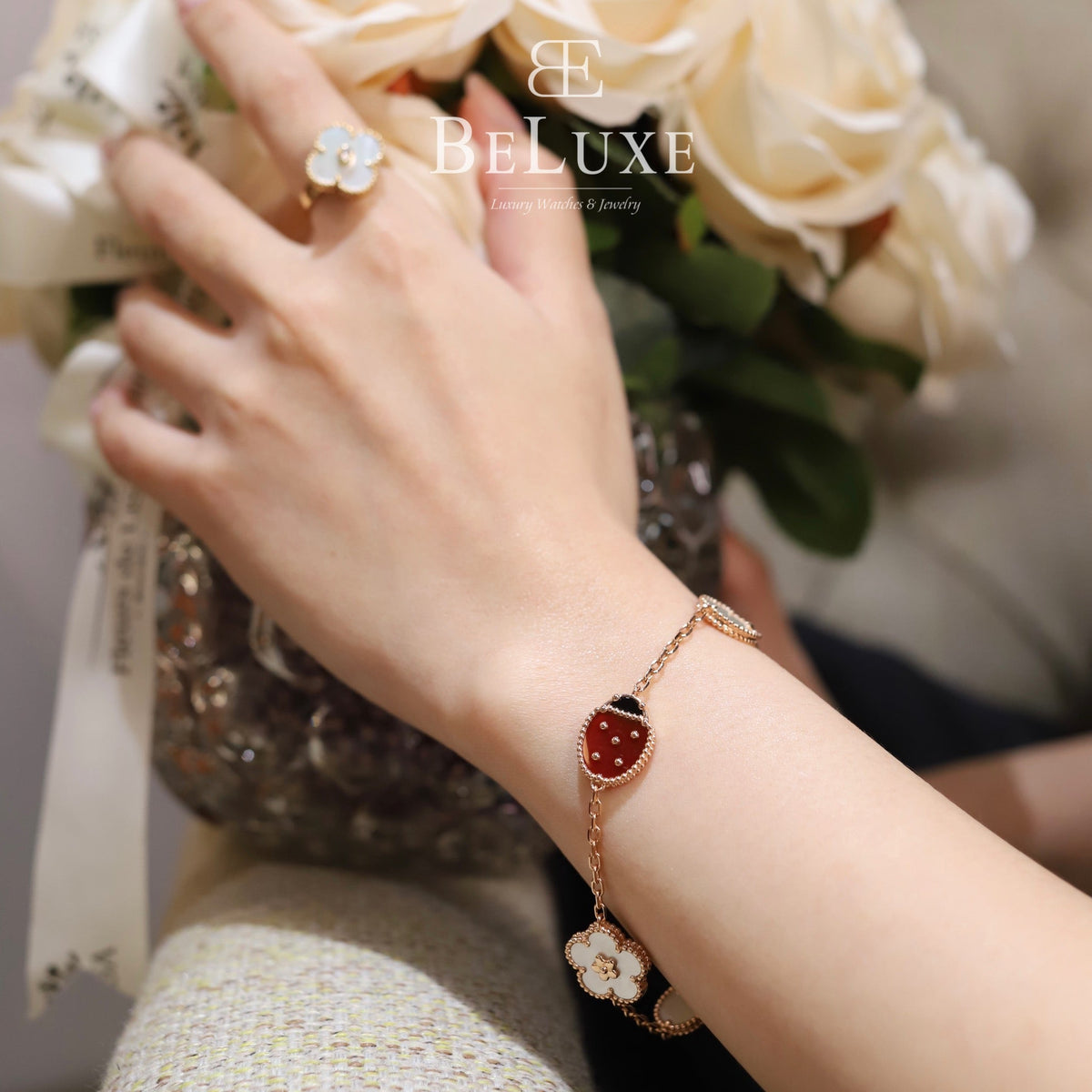 18K Rose Gold MOP Carnelian Onyx VCA Lucky Spring Bracelet 5 Motifs