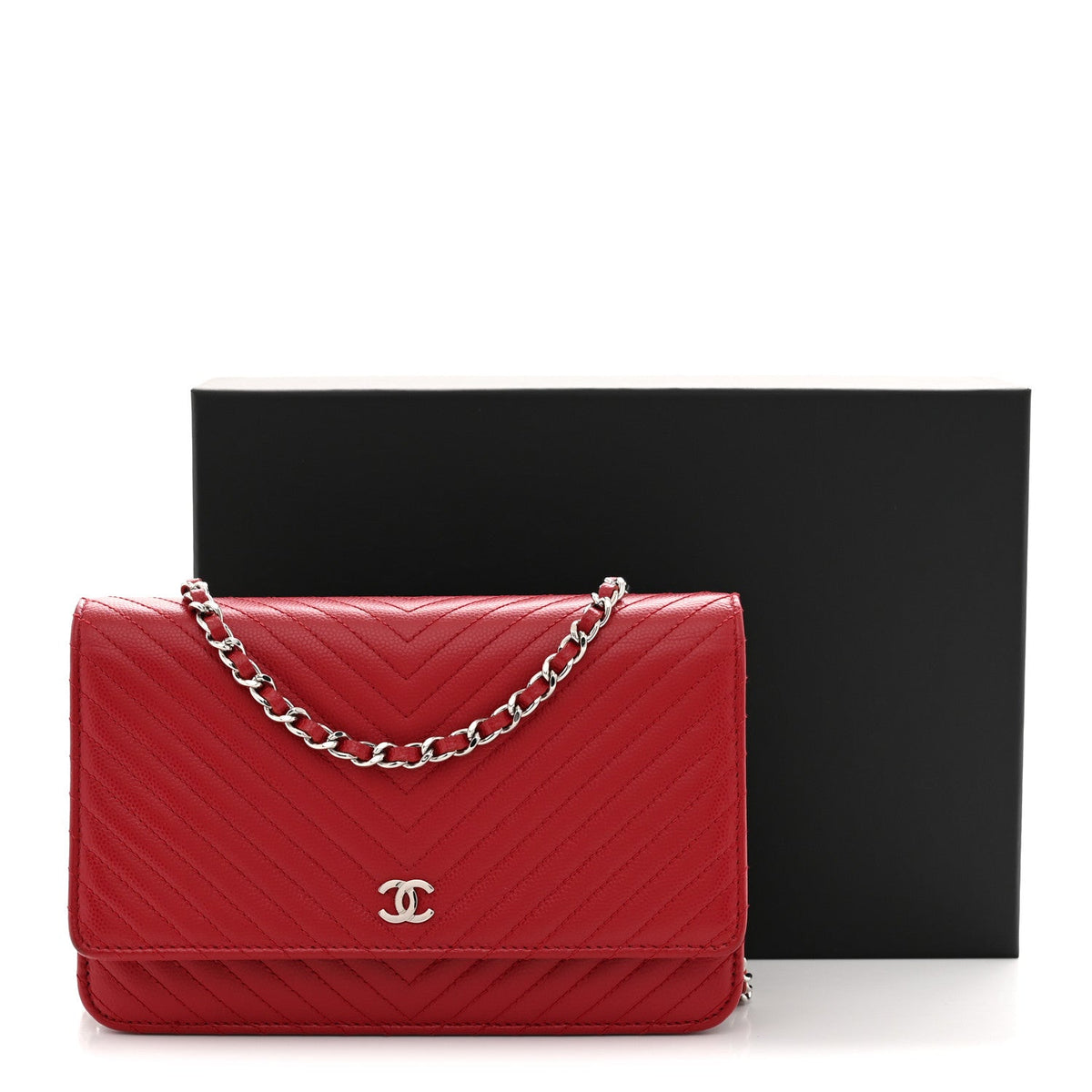 Chanel Caviar Chevron Quilted Wallet On Chain WOC Dark Red
