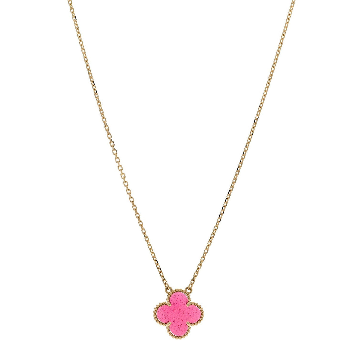 Van Cleef & Arpels 18K Yellow Gold Pink Enamel Vintage Alhambra Pendant Necklace