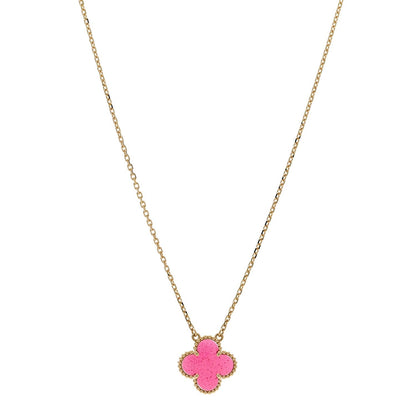 Van Cleef & Arpels 18K Yellow Gold Pink Enamel Vintage Alhambra Pendant Necklace