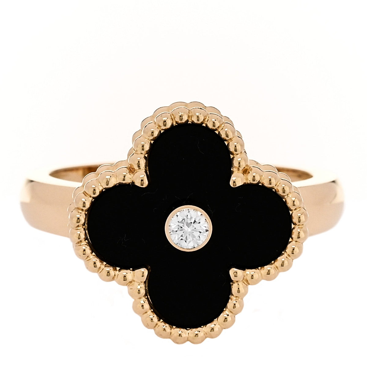 Van Cleef & Arpels 18K Yellow Gold Diamond Onyx Alhambra Ring 53 6.5