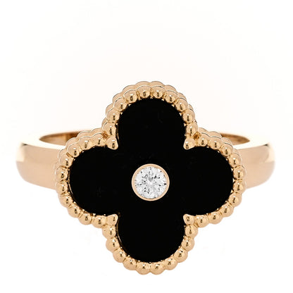 Van Cleef & Arpels 18K Yellow Gold Diamond Onyx Alhambra Ring 53 6.5