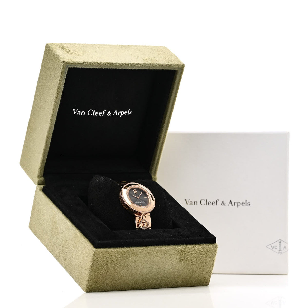Van Cleef & Arpels 18K Rose Gold Diamond 32mm Charms Watch Black