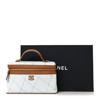 Chanel Washed Denim Calfskin Quilted Slim Vanity Case Blue Brown