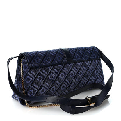Salvatore Ferragamo Jacquard Small Mia Crossbody Bag Denim Midnight Blue