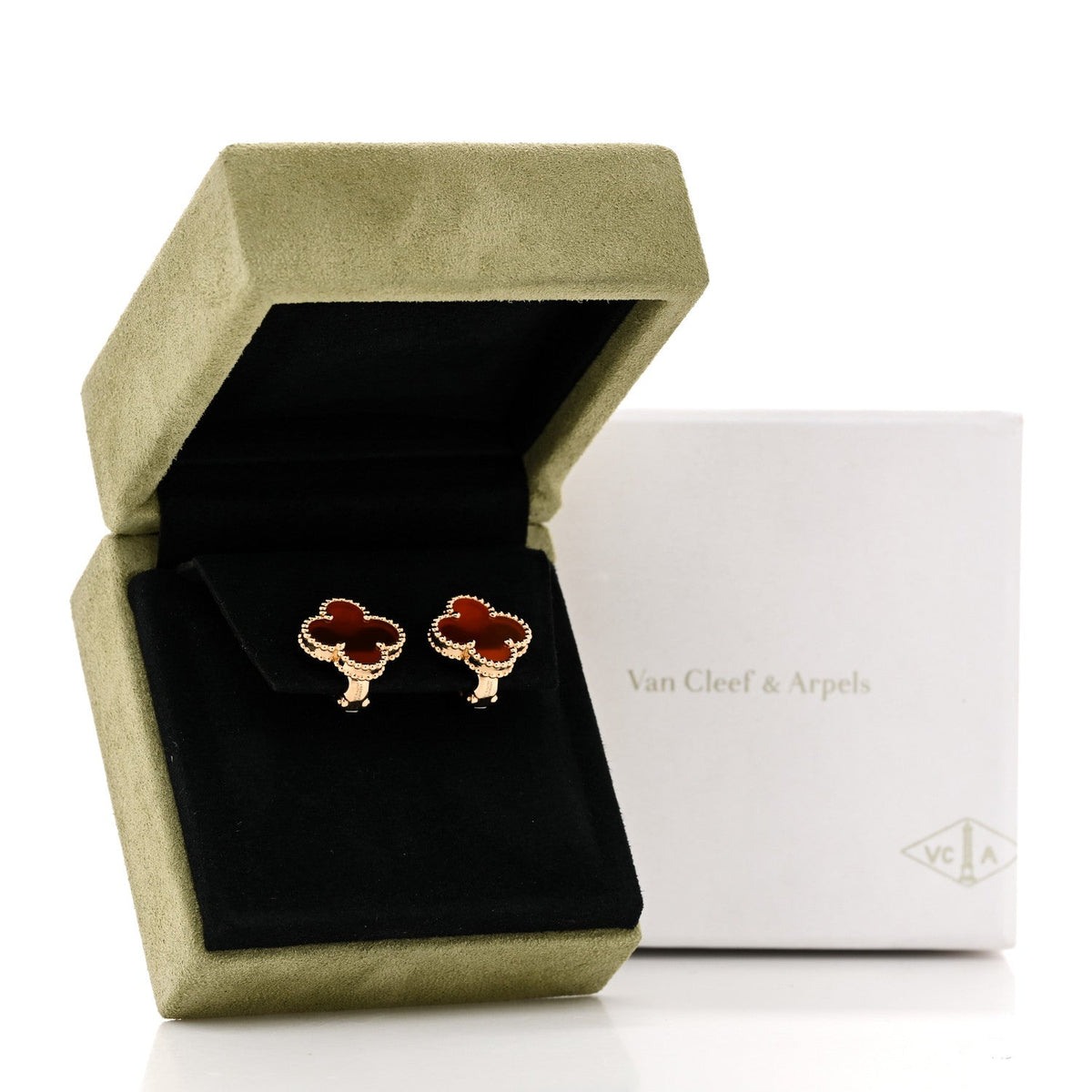Van Cleef & Arpels 18K Yellow Gold Carnelian Vintage Alhambra Earrings