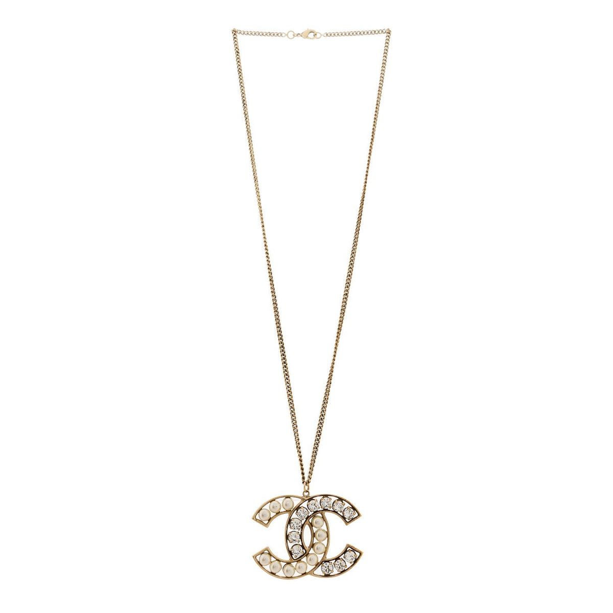 Chanel Pearl Crystal CC Pendant Necklace Gold