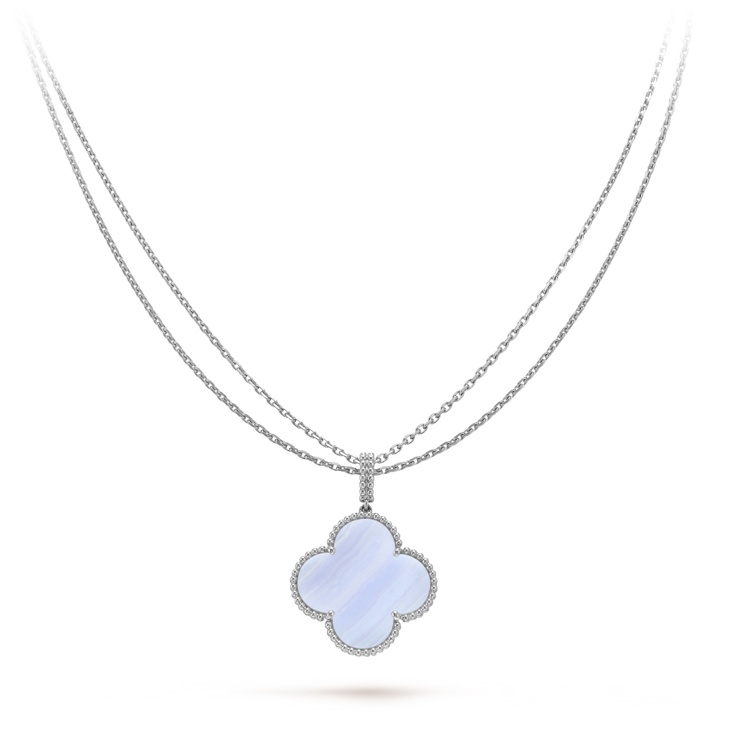 18K White Gold Chalcedony VCA Magic Alhambra Long Necklace