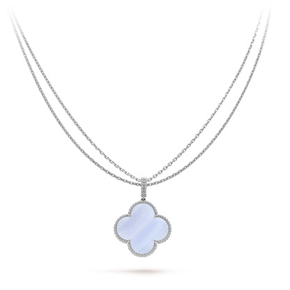 18K White Gold Chalcedony VCA Magic Alhambra Long Necklace