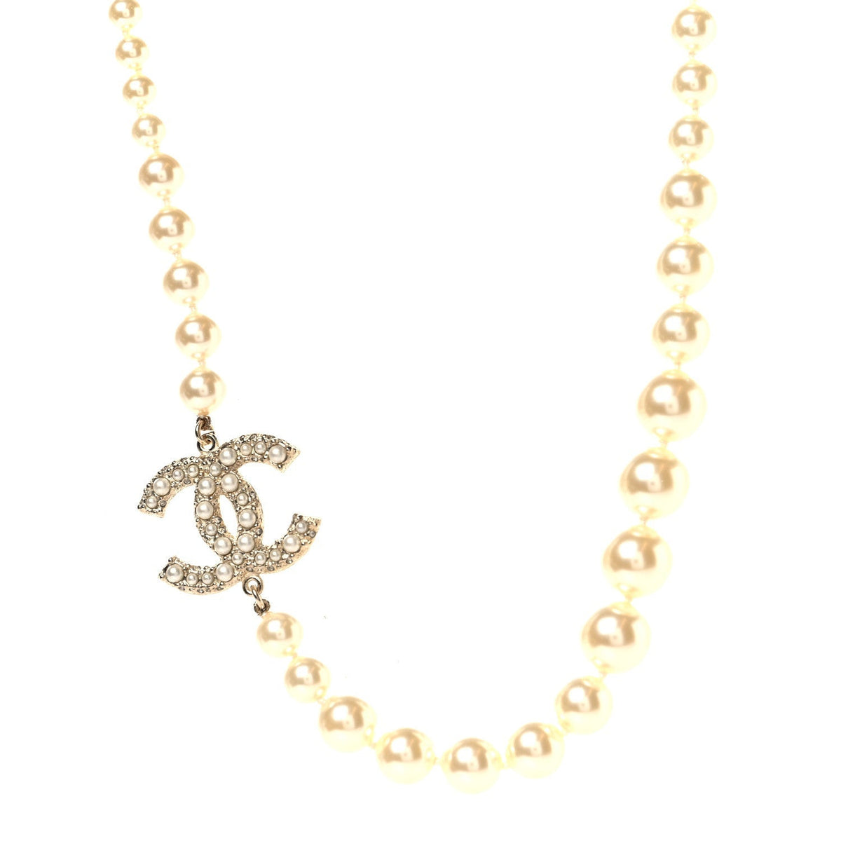 Chanel Faux Pearl Crystal CC 100th Anniversary Necklace Light Gold