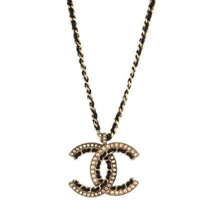 Chanel Metal Pearl Crystal Lambskin CC Chain Necklace Gold