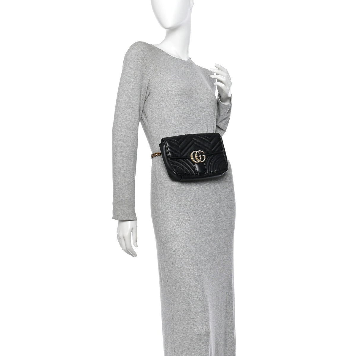 Gucci Calfskin Matelasse Pearly GG Marmont Chain Belt Bag Black
