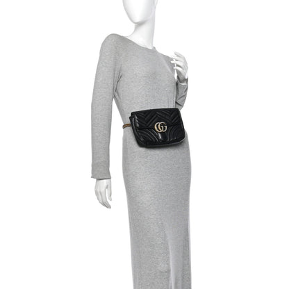 Gucci Calfskin Matelasse Pearly GG Marmont Chain Belt Bag Black