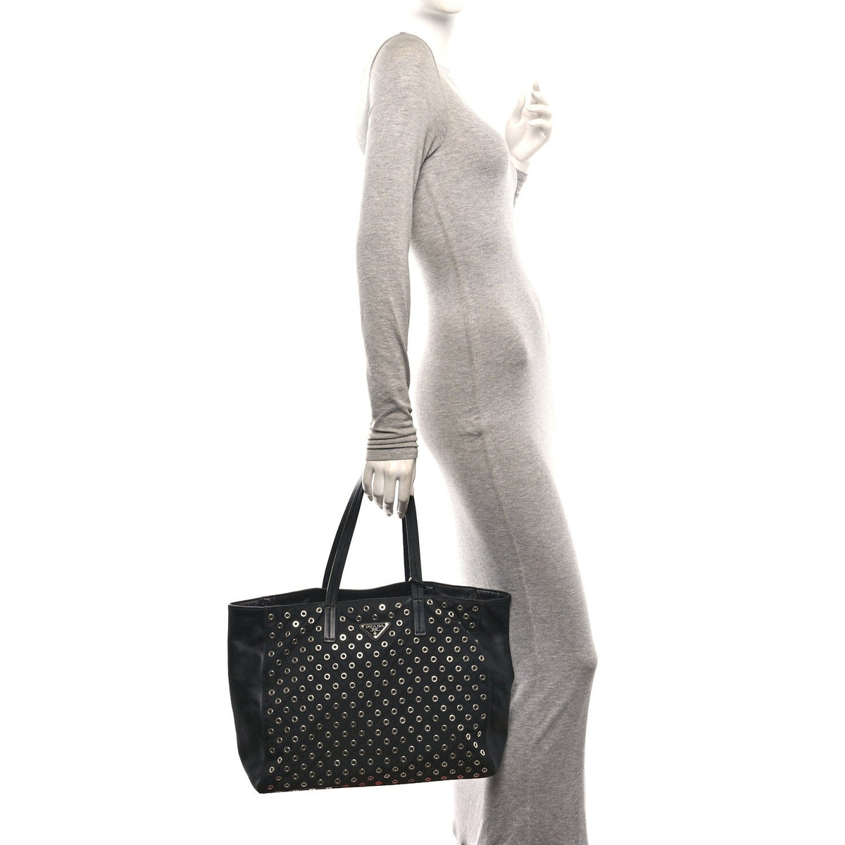 Prada Tessuto Nylon Calfskin Grommet Tote Black