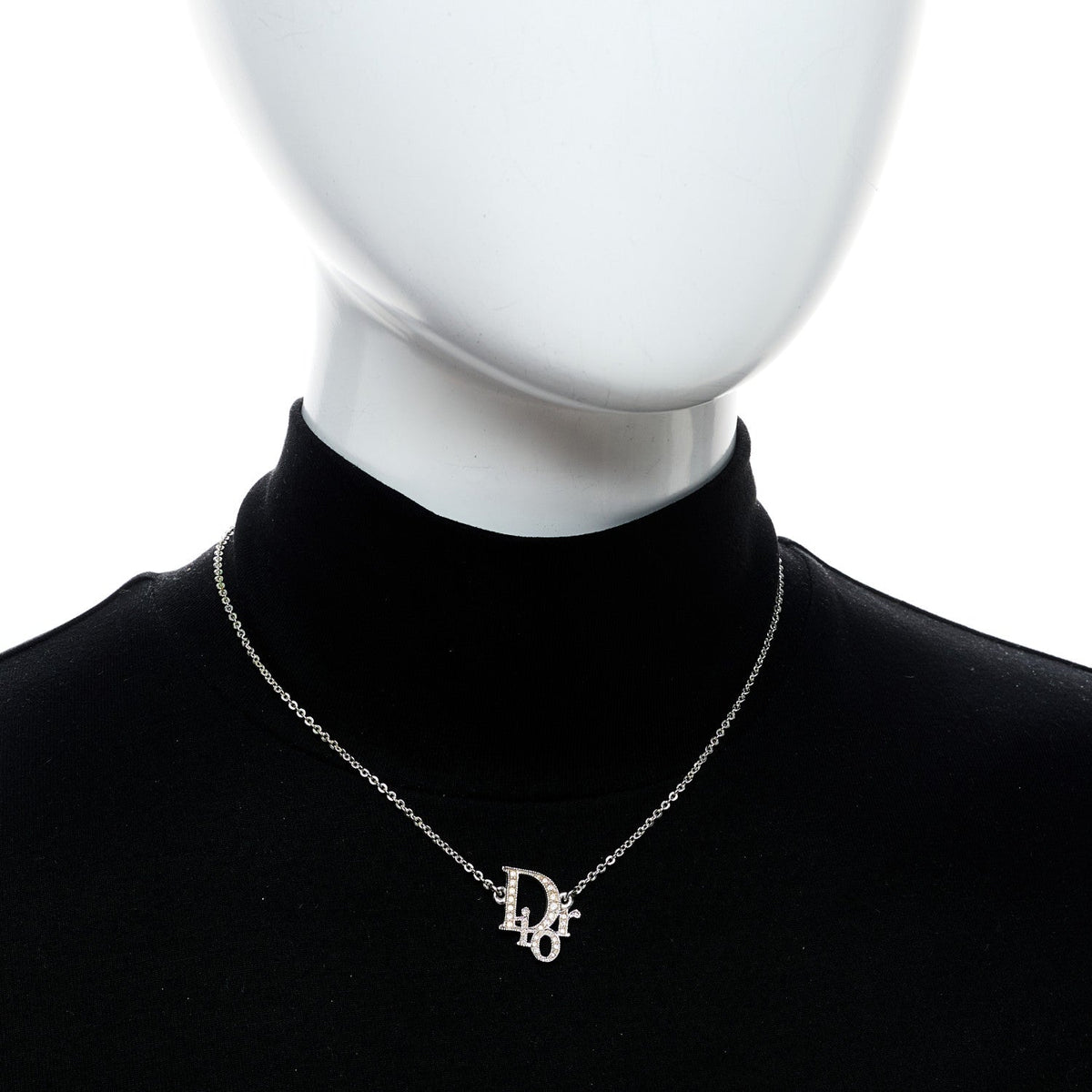 Christian Dior Metal Crystal Logo Choker Necklace Silver