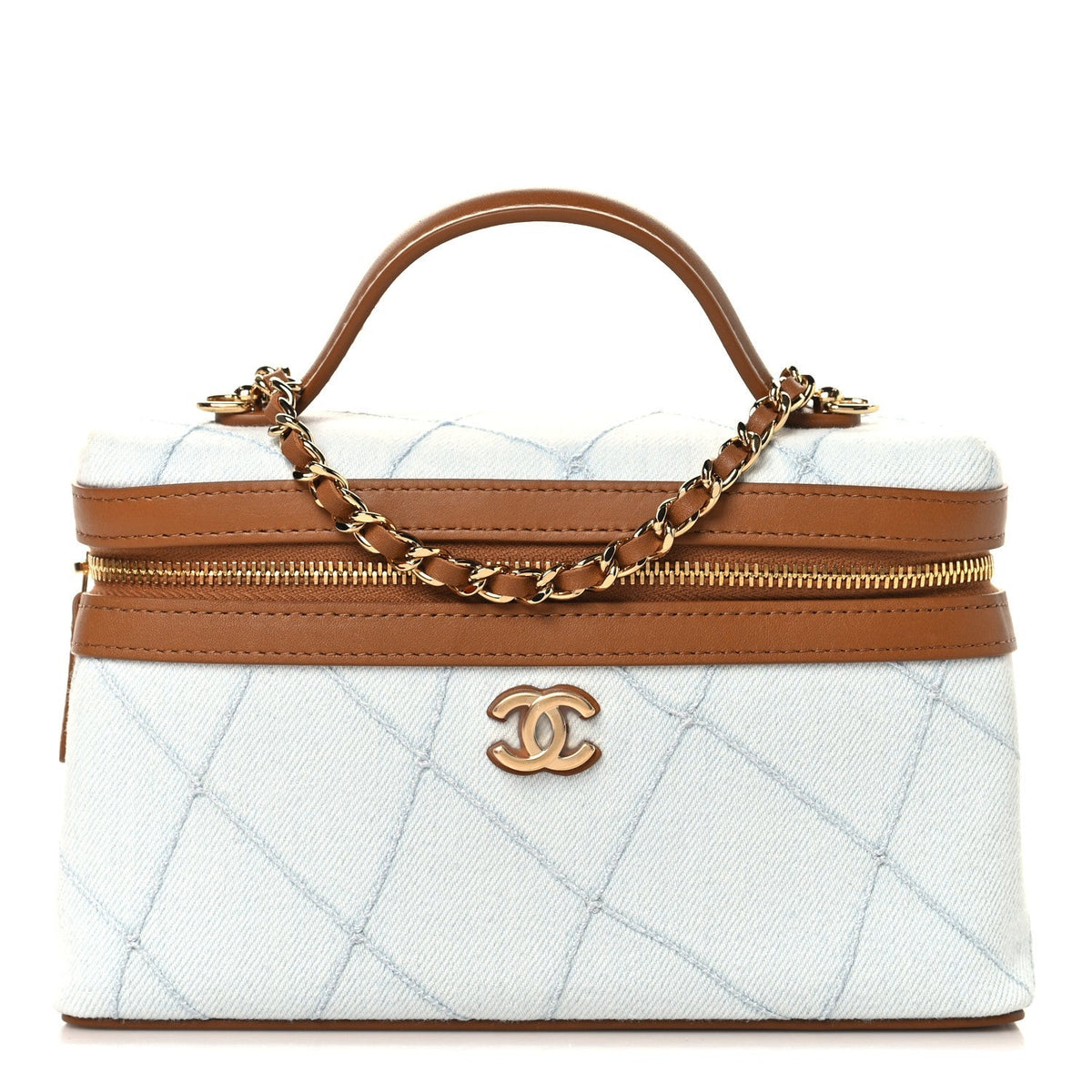 Chanel Washed Denim Calfskin Quilted Slim Vanity Case Blue Brown