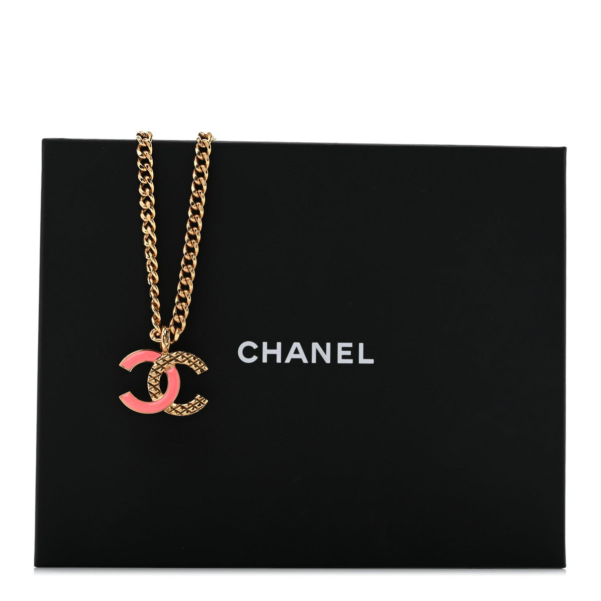 Chanel Metal Enamel Quilted CC Chain Pendant Necklace Gold Pink