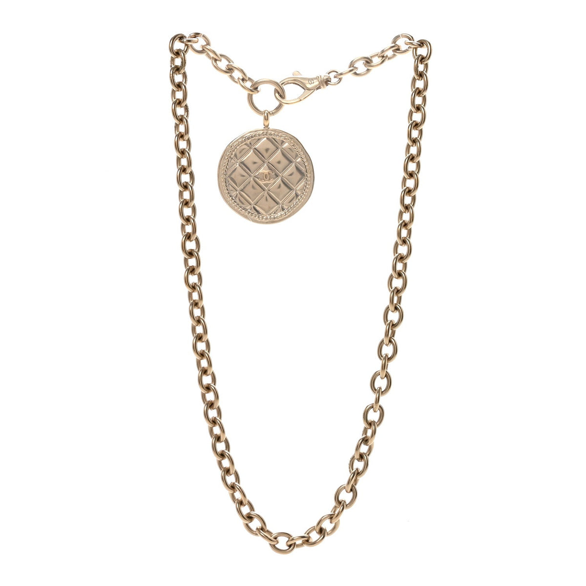 Chanel Metal Quilted CC Pendant Chain Necklace Light Gold