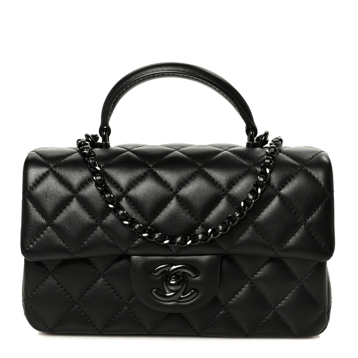 Chanel Lambskin Quilted Mini Top Handle Rectangular Flap So Black