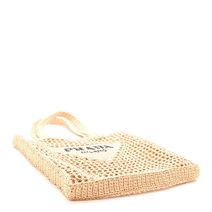 Prada Crochet Raffia Effect Logo Embroidered Tote Bag Naturale