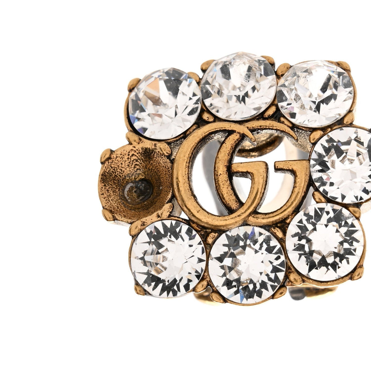 Gucci Metal Crystal Double G Clip On Earrings Aged Gold