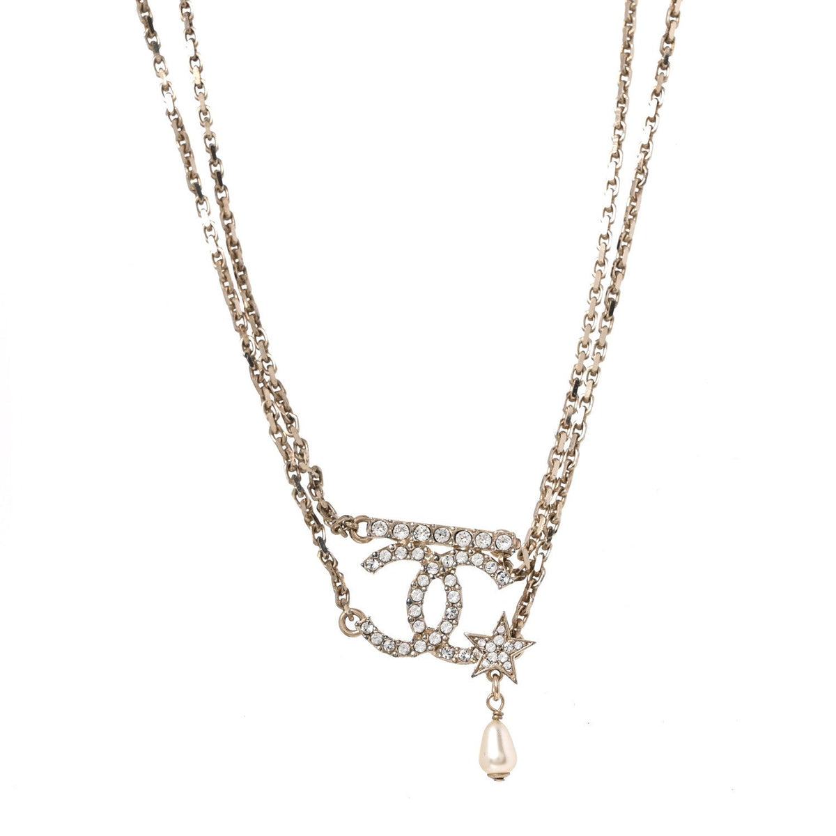 Chanel Metal Pearl Crystal CC Star Choker Necklace Gold