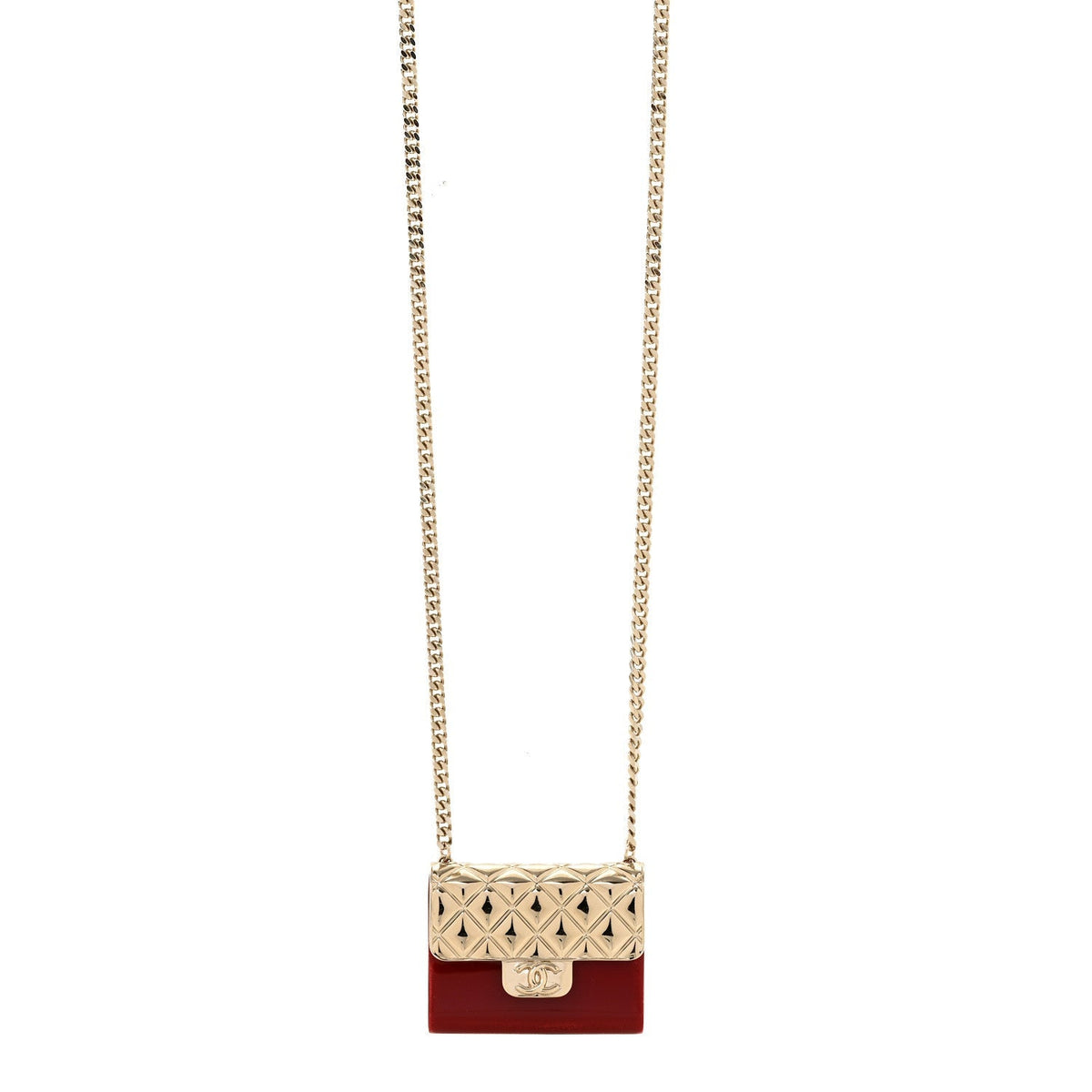Chanel Metal Resin Flap Bag Long Necklace Gold Red