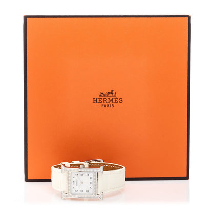 Hermes Stainless Steel Alligator Diamond 21mm Heure H Watch Blanc