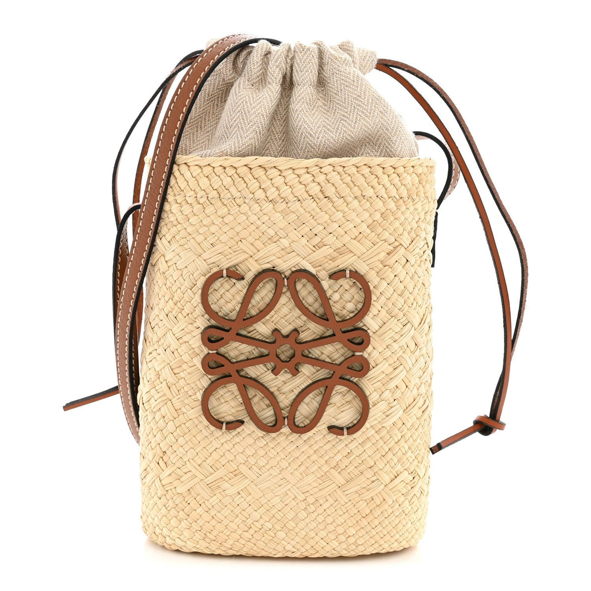 Loewe Calfskin Raffia Paulas Ibiza Square Bucket Bag Natural Tan 1958891