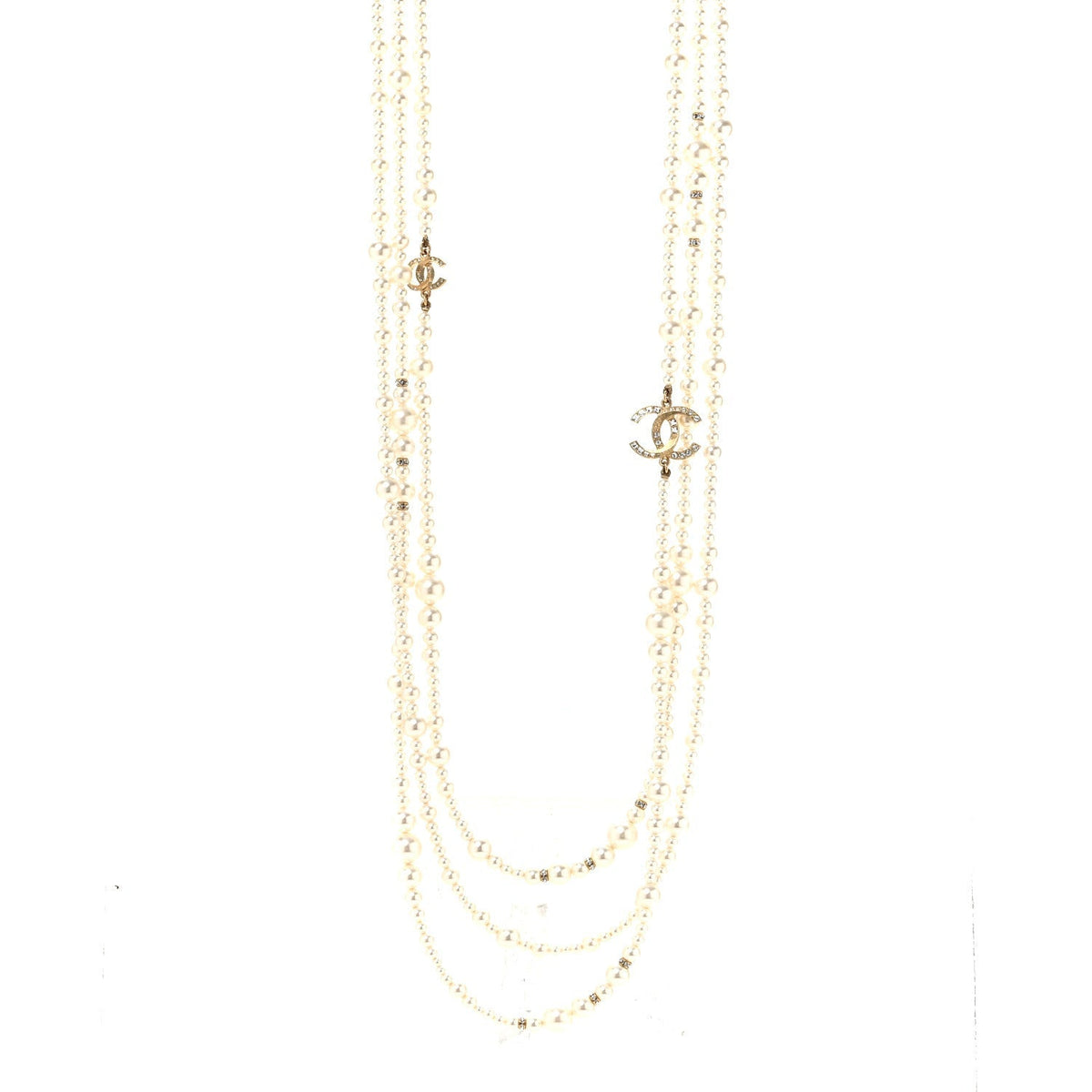 Chanel Metal Pearl Crystal Graduated CC Multi Strand Necklace Gold