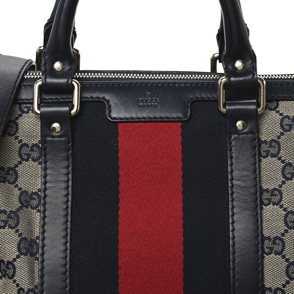 Gucci Monogram Selleria Calfskin Vintage Web Medium Boston Beige Blue