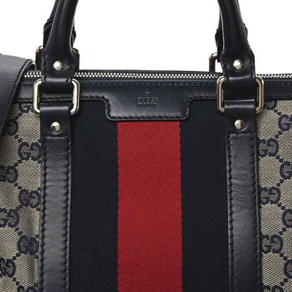 Gucci Monogram Selleria Calfskin Vintage Web Medium Boston Beige Blue