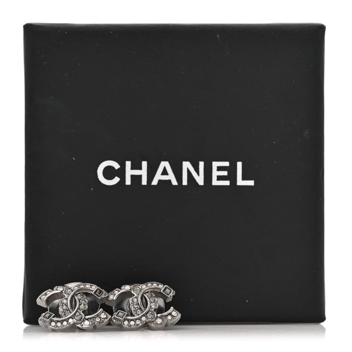 Chanel Baguette Crystal CC Earrings Silver Grey Black