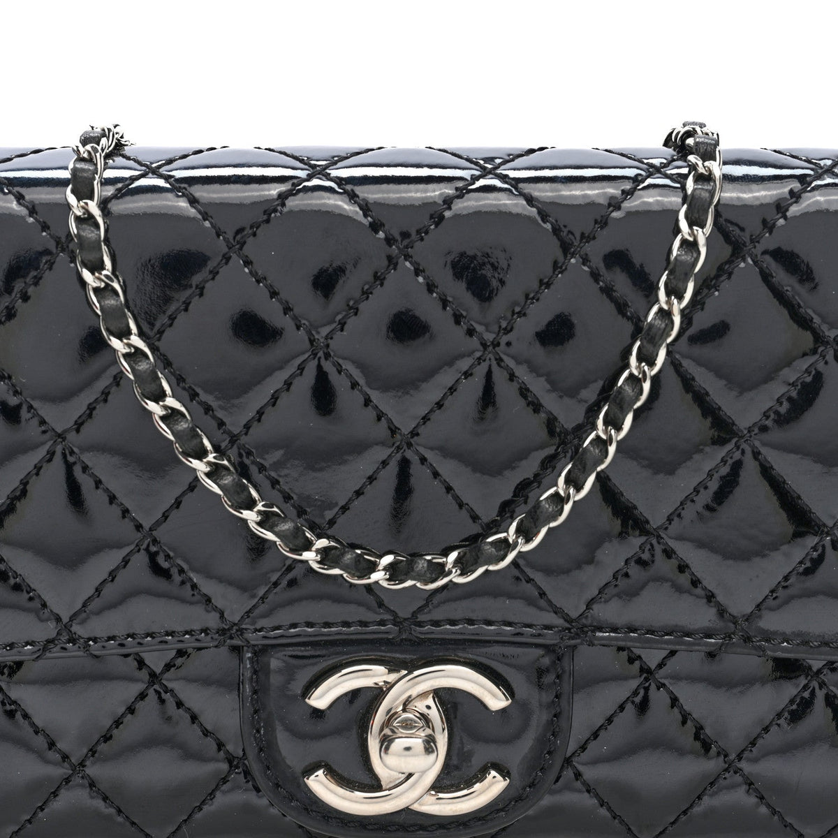 Chanel Patent Calfskin Quilted Flap Clutch With Chain Black