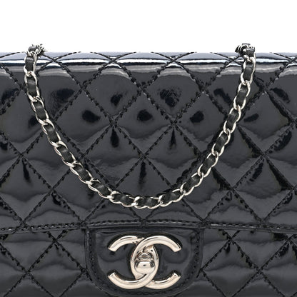 Chanel Patent Calfskin Quilted Flap Clutch With Chain Black