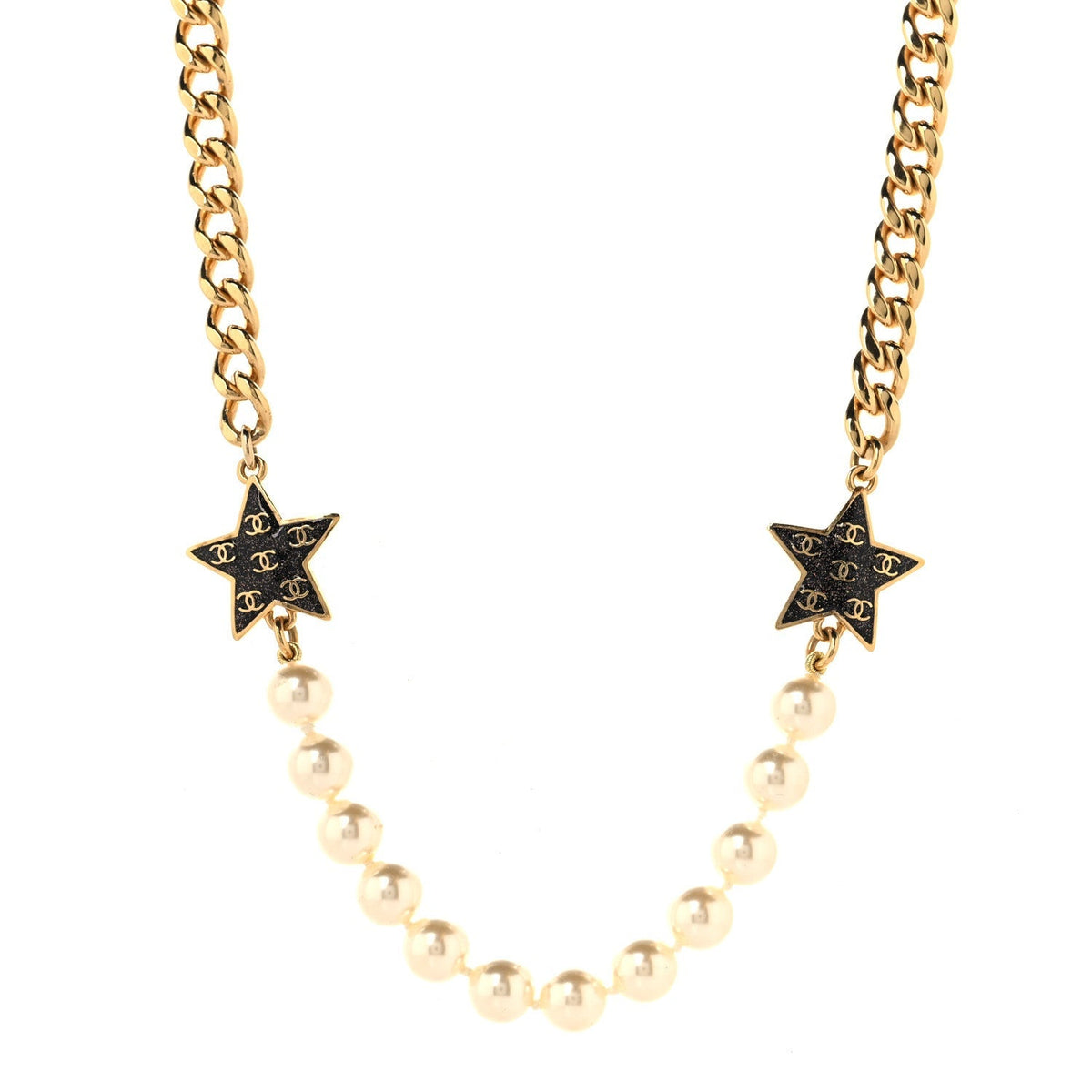 Chanel Metal Enamel Pearl Star CC Necklace Gold White