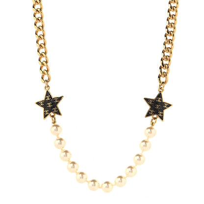 Chanel Metal Enamel Pearl Star CC Necklace Gold White
