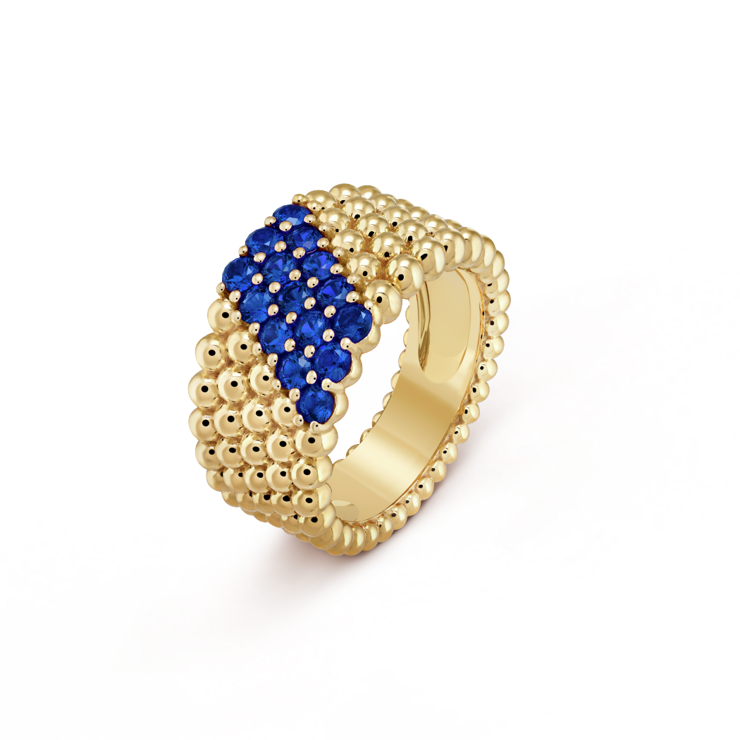 18K Gold Sapphire VCA Perlée Couleurs 5 Rows Ring