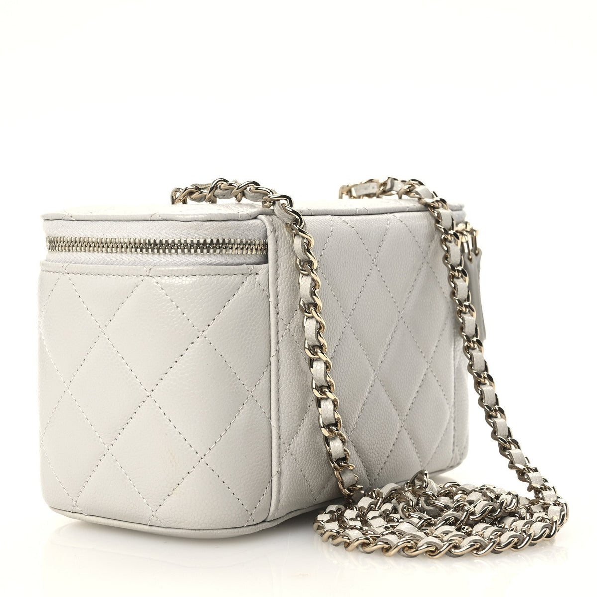 Chanel Caviar Quilted Small Tiny CC Vanity Case With Chain Light Grey
