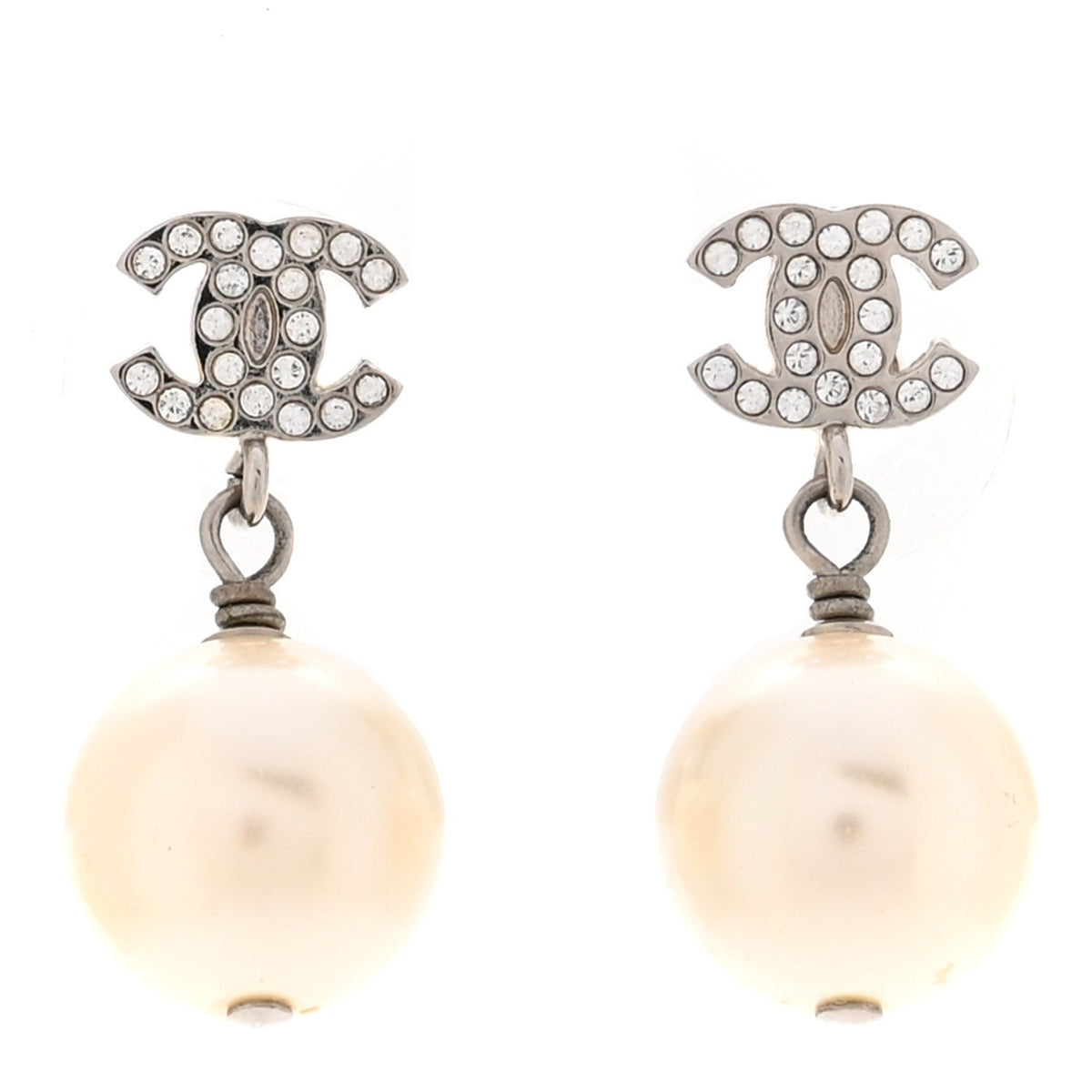 Chanel Crystal Pearl CC Drop Earrings Silver Pearly White