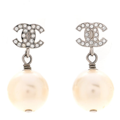 Chanel Crystal Pearl CC Drop Earrings Silver Pearly White