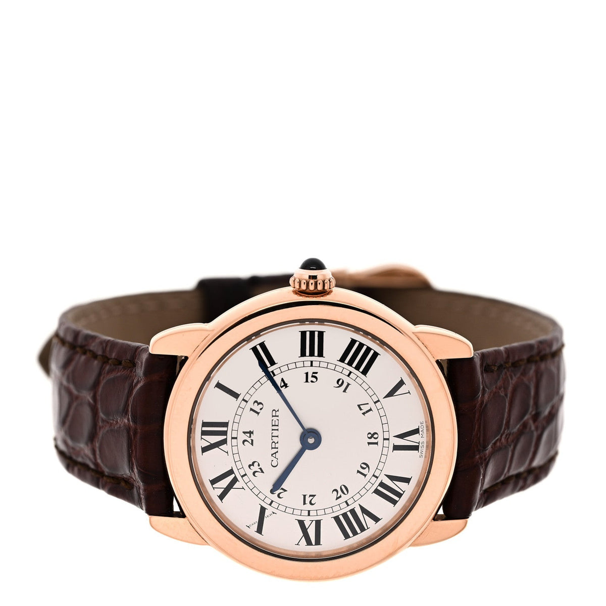 Cartier Stainless Steel 18K Pink Gold Alligator 29mm Ronde Solo Quartz Watch Brown