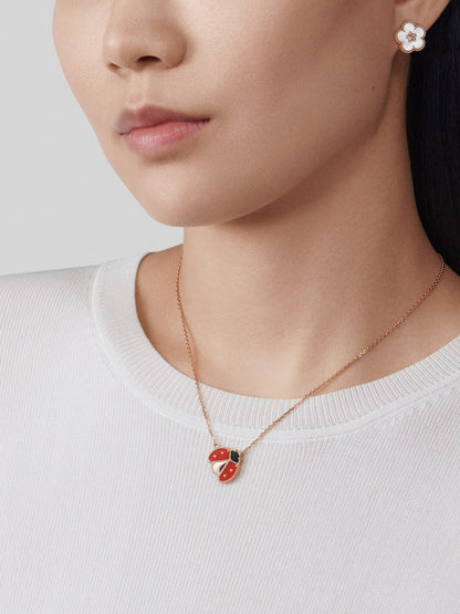 18K Rose Gold Carnelian Onyx VCA Lucky Spring Open Wings Ladybug Pendant