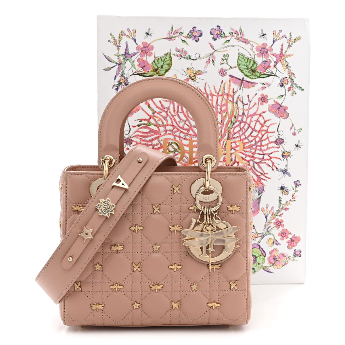 Christian Dior Lambskin Cannage Dragonfly Studs Small Lady Dior Rose Des Vents