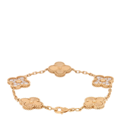 Van Cleef & Arpels 18K Yellow Gold Diamond 5 Motifs Guilloche Vintage Alhambra Bracelet
