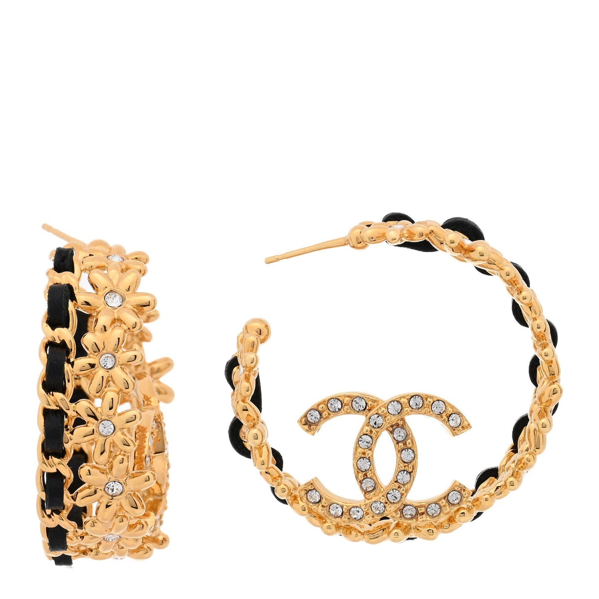 Chanel Lambskin Chain Crystal CC Flower Hoop Earrings Gold Black